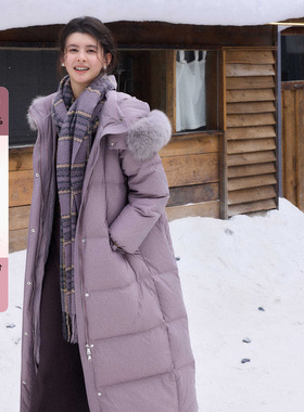 贰羊设计【暮山紫】紫色保暖加厚大被子羽绒服女狐狸毛领长款外套
