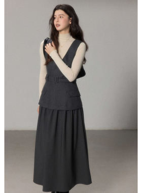 贰羊设计【素砚】羊毛呢拼接西服料无袖连衣裙女冬季叠穿背心长裙