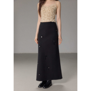 贰羊设计【暗香】手工钉珠亮片含羊毛长裙女黑色气质贵气感半身裙