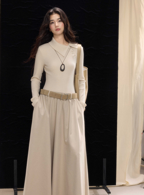 贰羊设计【绮曼】端庄美学气质连衣裙女设计感斜领假两件通勤长裙