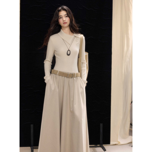 贰羊设计【绮曼】端庄美学气质连衣裙女设计感斜领假两件通勤长裙