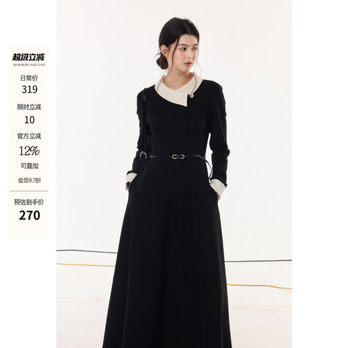 贰羊设计【哉清】复古优雅撞色斜领连衣裙女气质黑色显瘦A字长裙