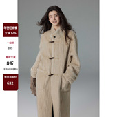 贰羊设计 枯木生花 保暖皮毛一体牛角扣外套女立领加厚过膝大衣