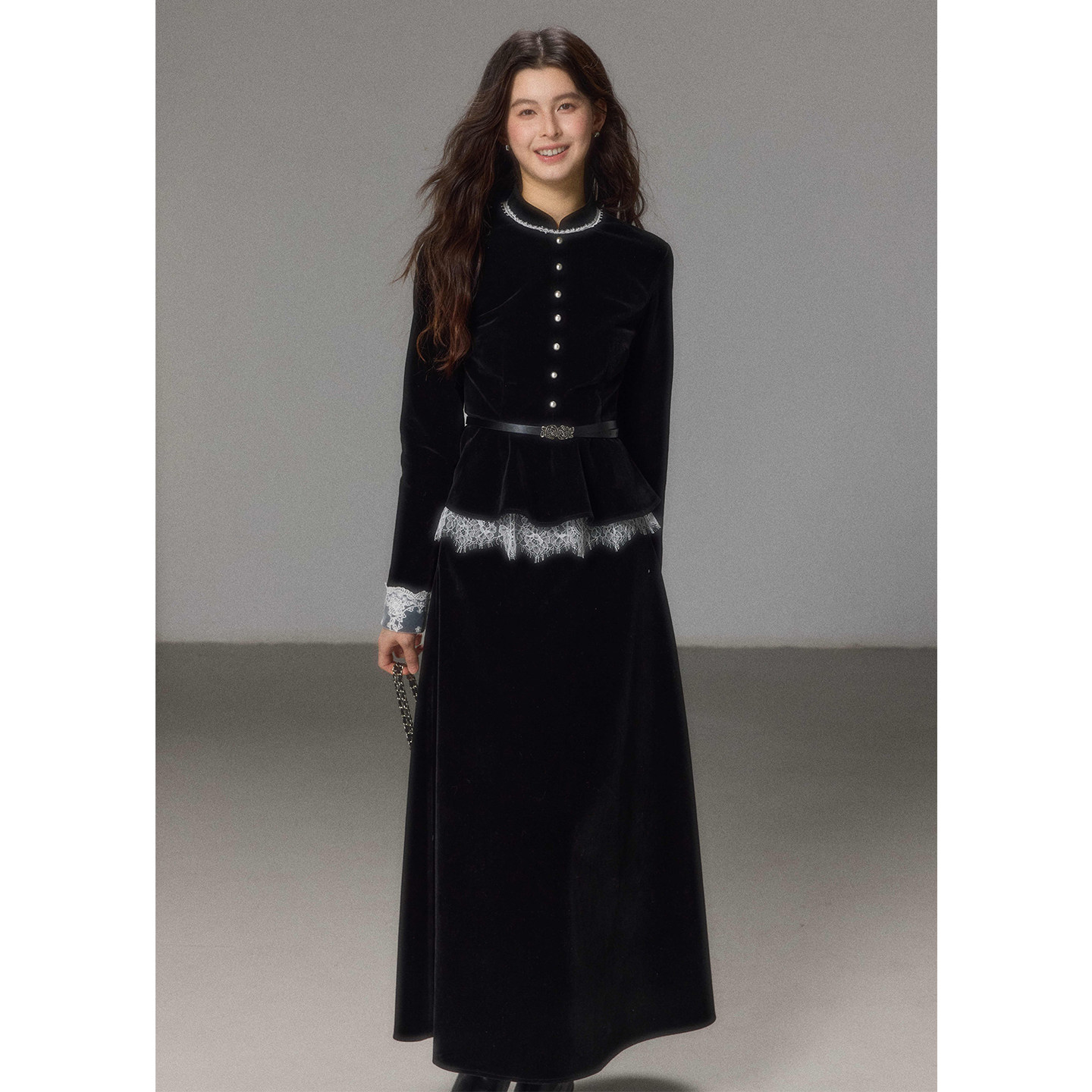 贰羊设计【郁晚】复古优雅黑色丝绒高级感套装女法式衬衫a字长裙