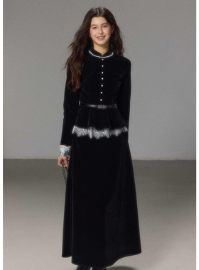 贰羊设计【郁晚】复古优雅黑色丝绒高级感套装女法式衬衫a字长裙