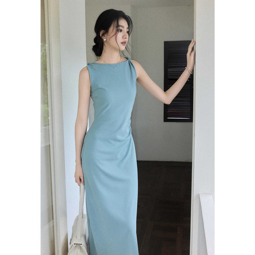 贰羊设计【知叙】设计感仿乱麻连衣裙女夏扭结气质一字领通勤长裙