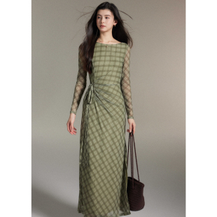 网纱侧收腰修身 温柔风绿色格纹连衣裙女长袖 长裙 序秋 贰羊设计
