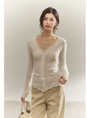 贰羊设计【苏岑】奶白色v领花边针织开衫女羊毛修身薄内搭打底衫