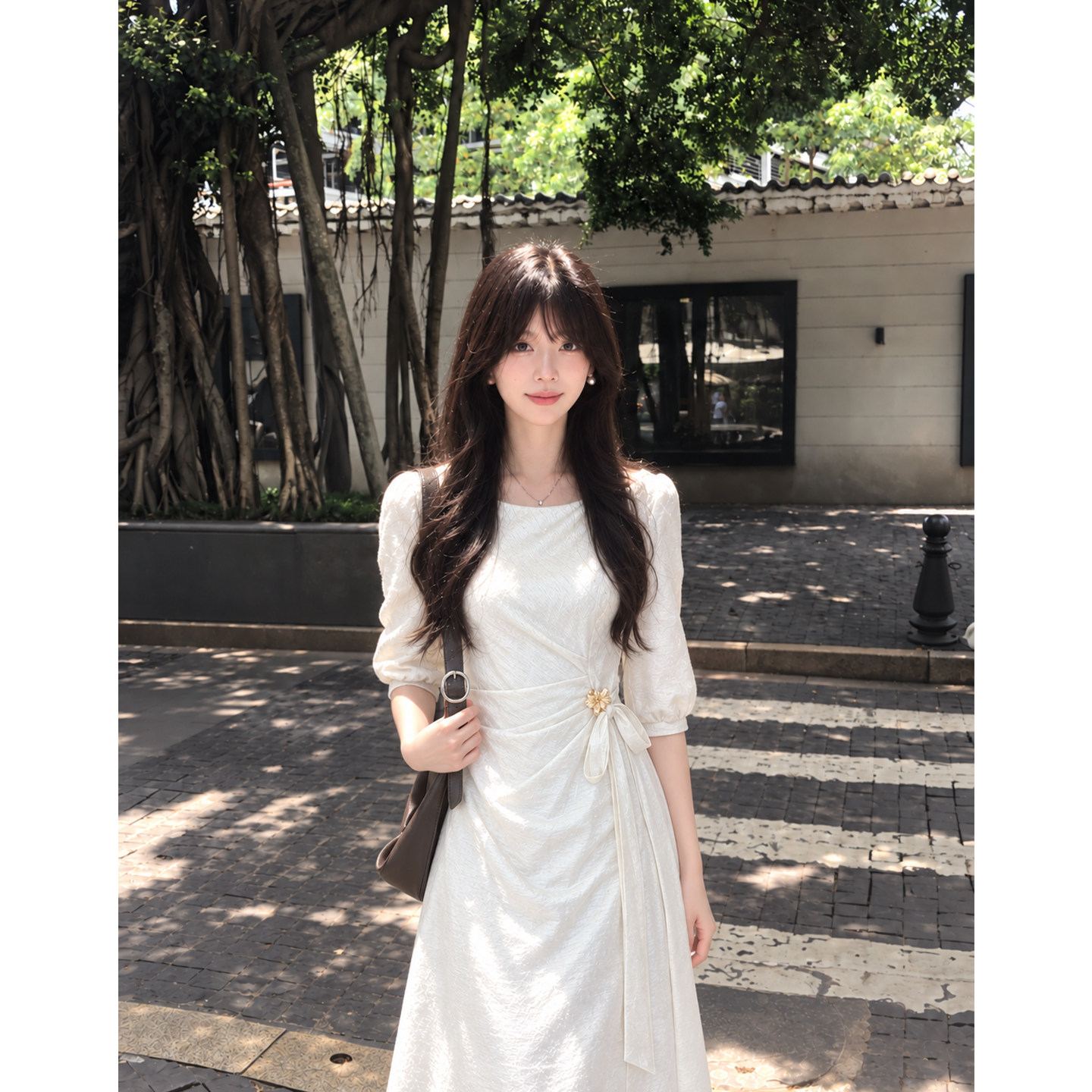 贰羊设计【允漫】气质通勤温柔绑带收腰显瘦连衣裙女秋季白色长裙