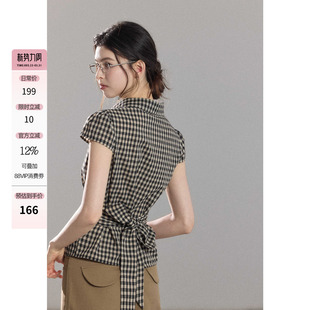 衬衫 贰羊设计 复古格子短袖 法式 女休闲通勤后绑带收腰上衣 星轨