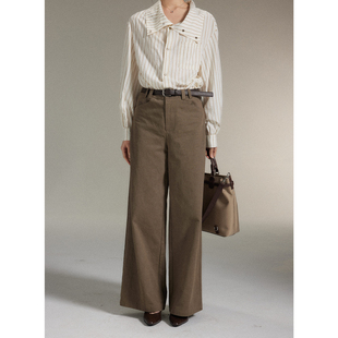 女1oo棉质感长裤 复古休闲简约水洗棕阔腿牛仔裤 沐眠 贰羊设计