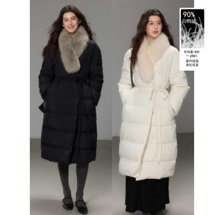 贰羊设计【空山语】配狐狸毛领黑色羽绒服女90白鸭绒系带过膝外套