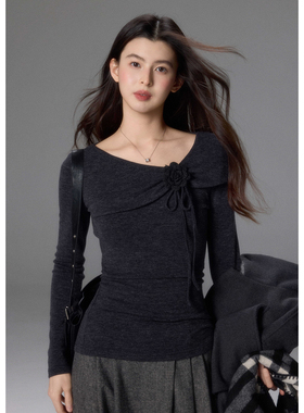 贰羊设计【沉绪】高级感翻领修身灰色上衣女秋冬针织打底内搭T恤