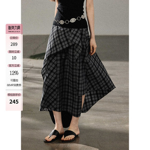 贰羊设计 不规则斜叠设计感复古格纹长裙 清岚