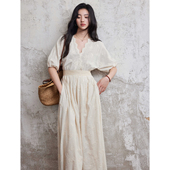 复古纯棉V领花边连衣裙女通勤宽松连袖 法式 长裙 柔棉 贰羊设计