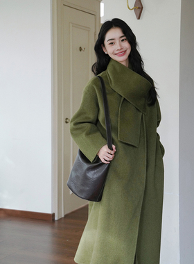 贰羊设计【雾漫】1oo羊毛可拆卸围巾双面呢羊毛大衣女秋冬外套