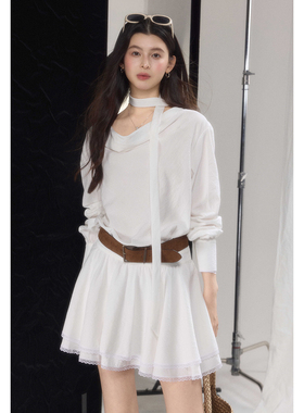 贰羊设计【月禾】挂脖荡领长袖白色连衣裙女层次感拼接蕾丝短裙子