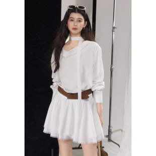 贰羊设计【月禾】挂脖荡领长袖白色连衣裙女层次感拼接蕾丝短裙子