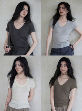 贰羊设计【素心】1oo兰精天丝*深圆领修身t恤女夏短袖针织衫上衣