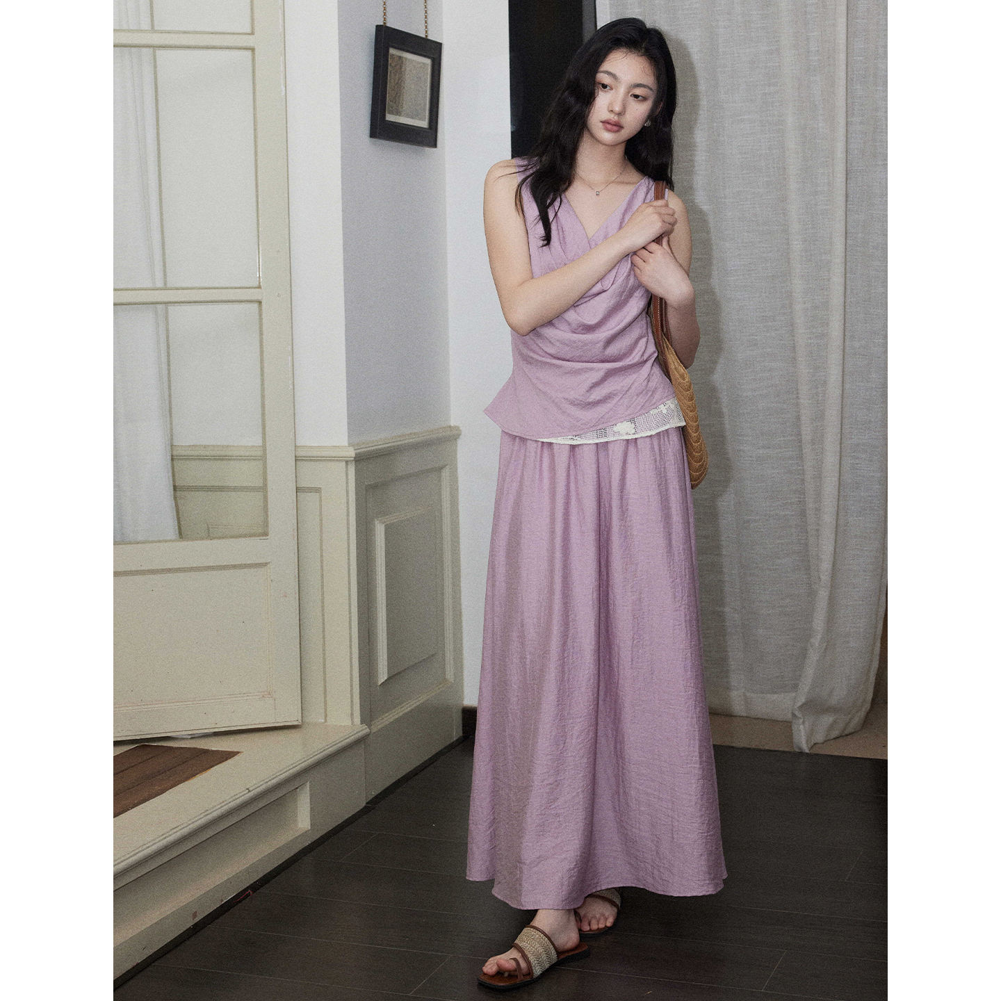 假两件荡领上衣百搭半身裙两件套