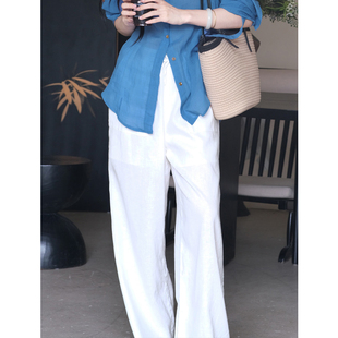 白色亚麻大口袋休闲长裤 贰羊设计 国风新中式 兮玉 现货5折