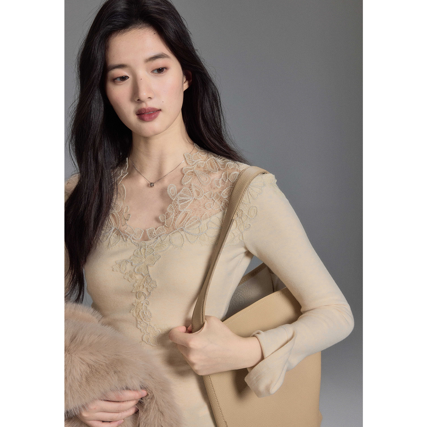 贰羊设计【清韵】温柔风蕾丝V领修身叠穿针织长袖上衣+半身裙套装