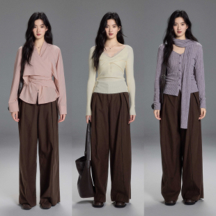 杜若 女高腰垂感显瘦休闲裤 复古老钱风新款 裤 棕色西装 贰羊设计