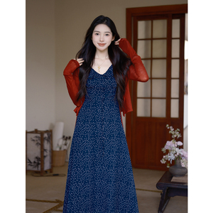贰羊设计【现货5折】国风新中式深蓝色波点长款吊带V领连衣裙