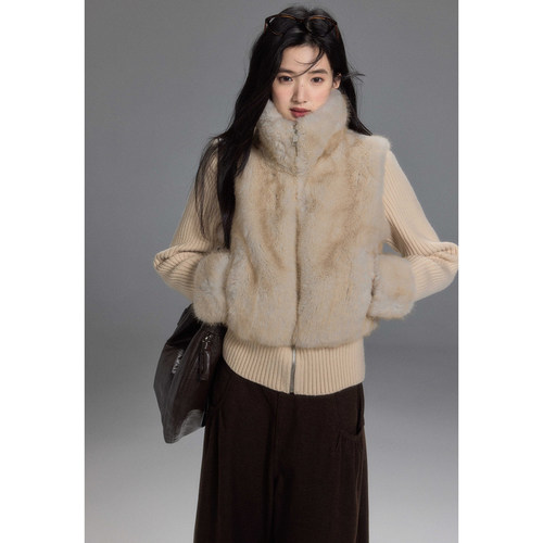 贰羊设计【锦茵】立领假两件针织拼接环保皮草外套女气质毛毛上衣