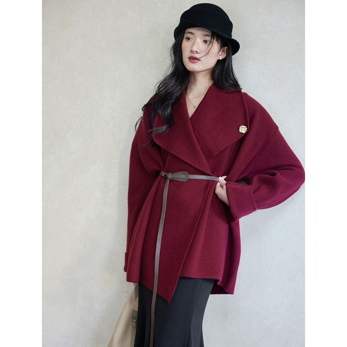 通勤高级感红色针织毛衣外套秋冬