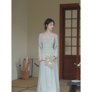 贰羊设计【现货5折】【知雨前】国风新中式吊带防晒针织衫裙