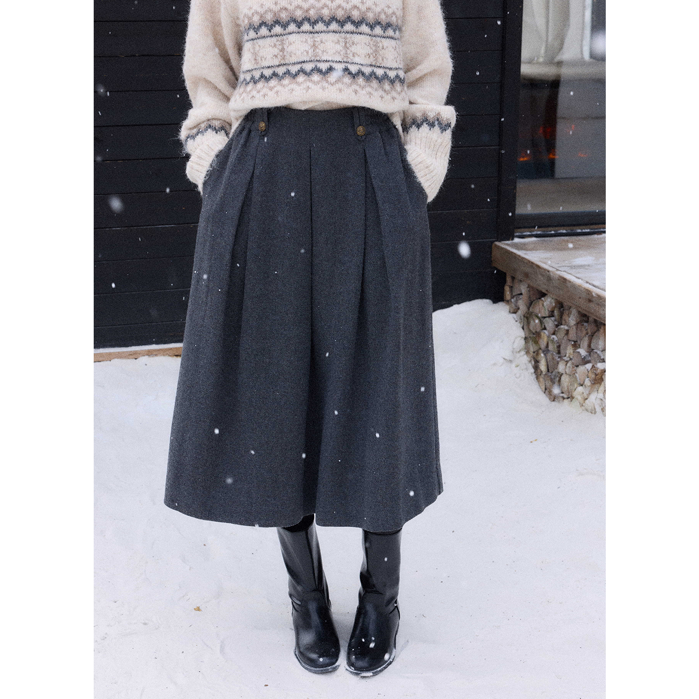 贰羊设计【沉烟】40羊毛呢压褶半身裙女秋冬通勤高腰中长灰色裙子