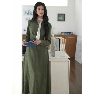 连衣裙女文艺感收腰长裙 知识分子风复古绿色衬衫 贰羊设计 青姝