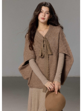 贰羊设计【驼帏】氛围感复古斗篷外套女冬宽松慵懒千金风套头毛衣