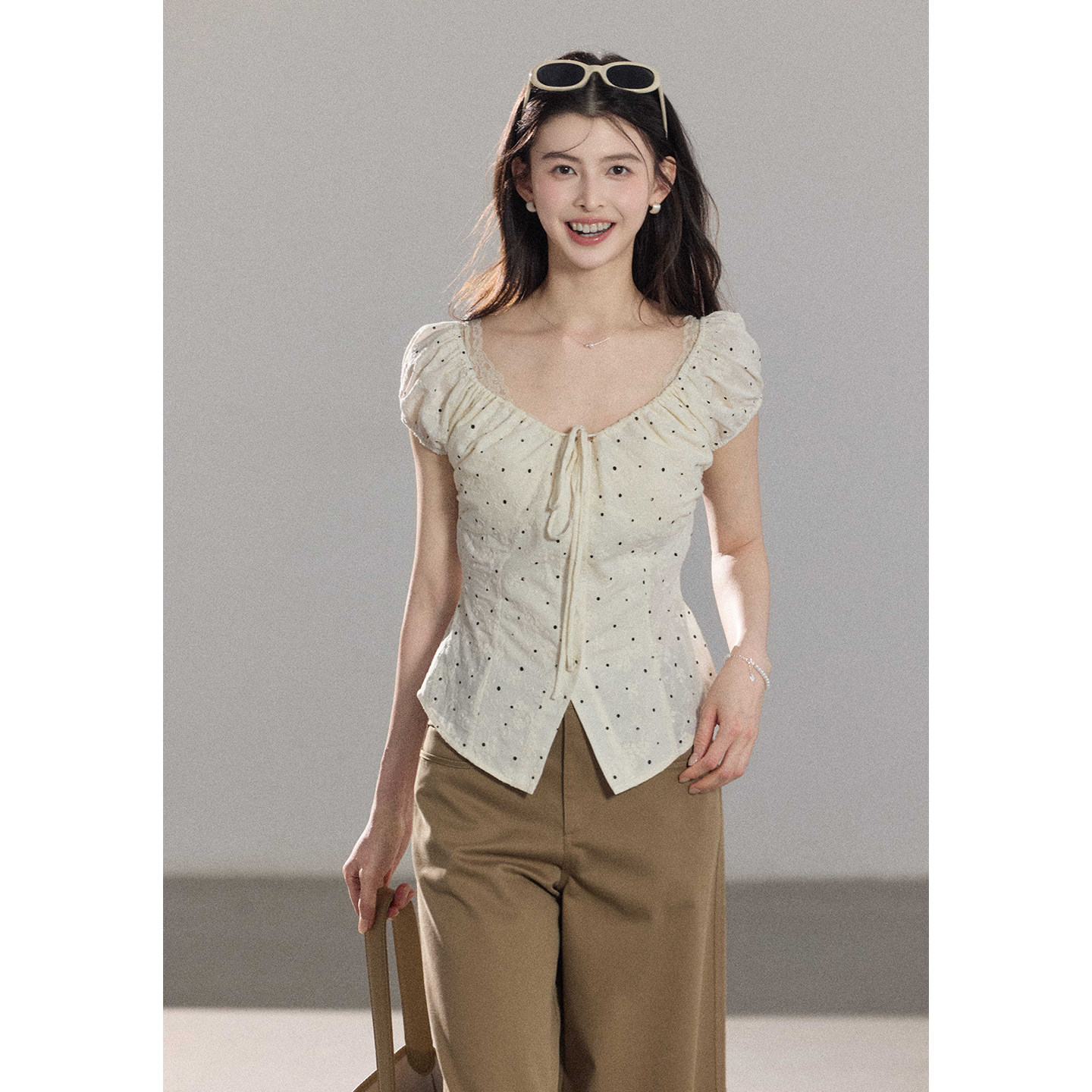 贰羊设计【素尘】两穿法式波点短袖上衣女夏温柔气质收腰短款衬衫