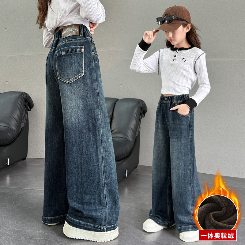 女童冬装绣花加绒牛仔裤