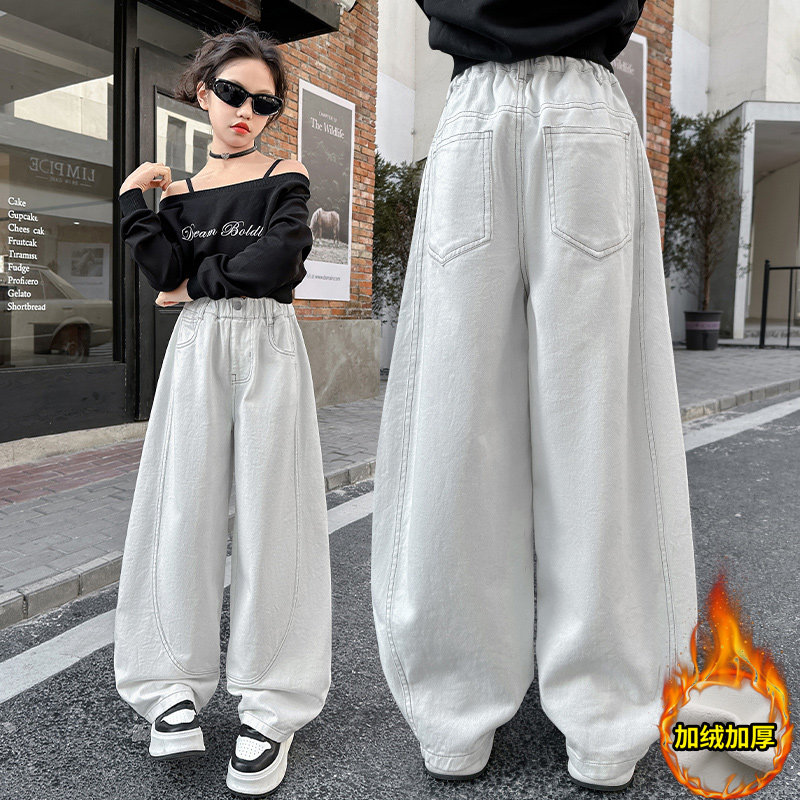 女童白色牛仔阔腿裤加绒保暖直筒休闲长裤洋气初中学生秋冬装裤子