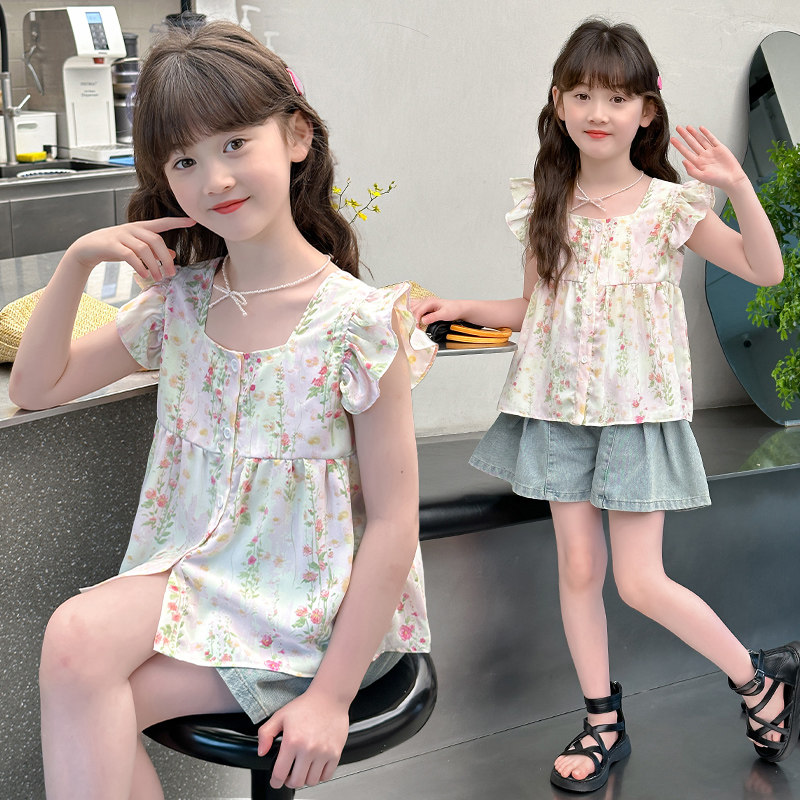 中大童夏季甜美风小飞袖碎花上衣牛仔短裤两件套女童夏装洋气套装