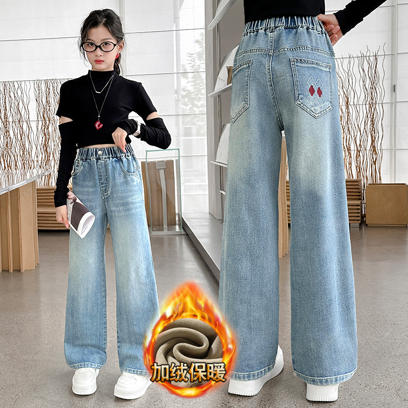 女童冬季加绒牛仔裤2025新款中大童时尚宽松阔腿裤儿童冬款长裤子