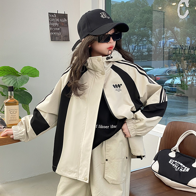 中大女童春装连帽冲锋衣拼色防风雨初中生时髦运动外套春秋款夹克