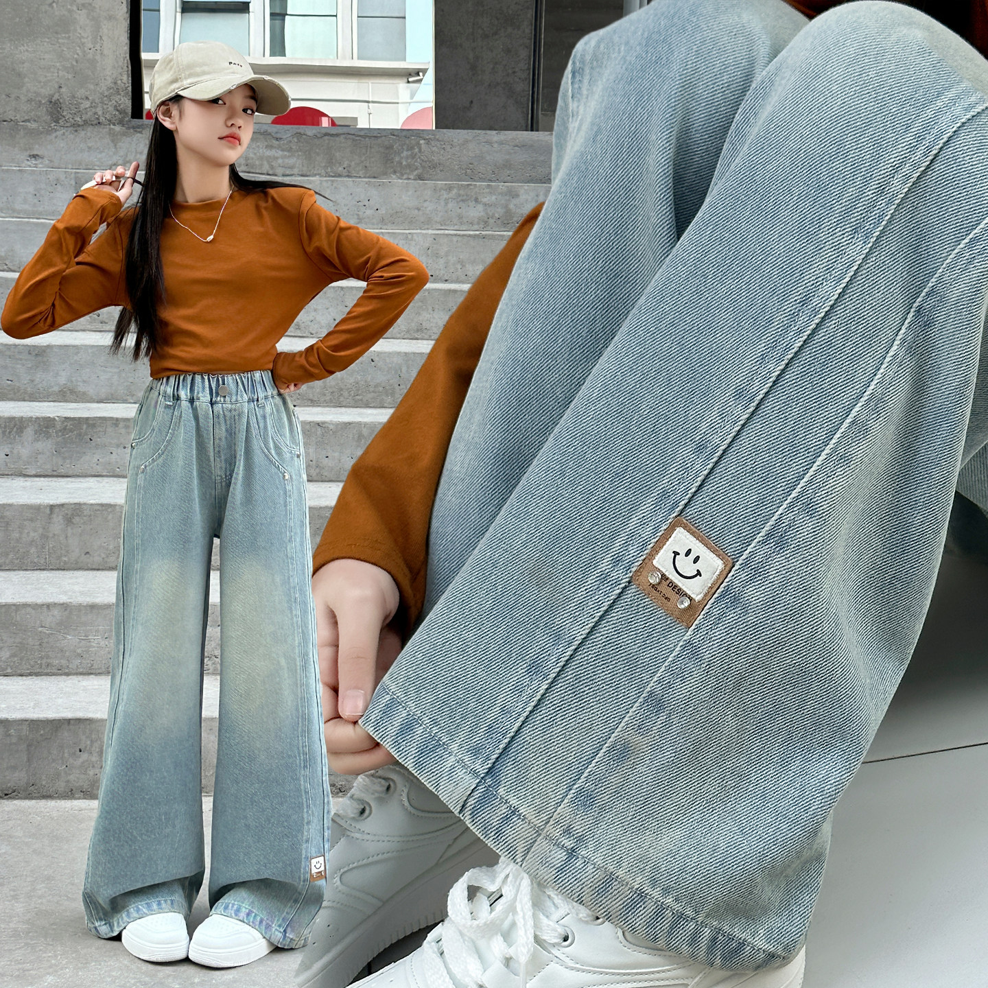春装女童牛仔阔腿裤春秋新款洋气中大童宽松直筒裤初中生百搭长裤