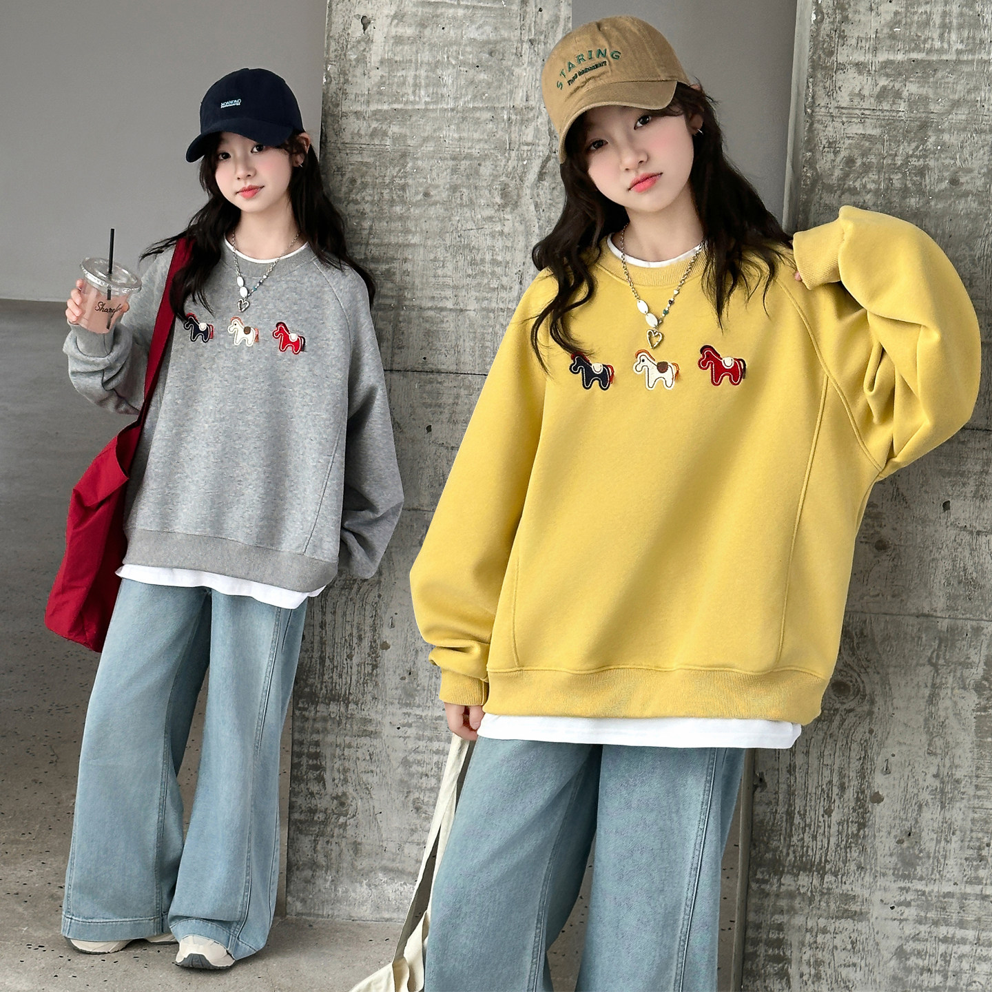 女童韩版卡通印花卫衣套装春秋新款洋气中大童宽松百搭运动两件套