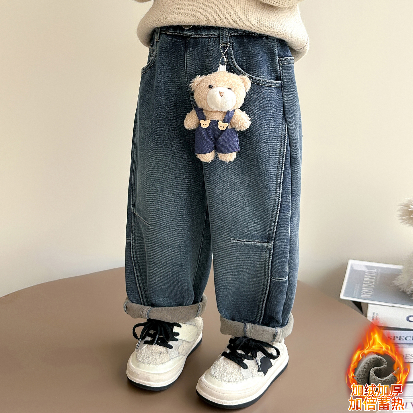 中小女童加绒加厚保暖宽松牛仔裤