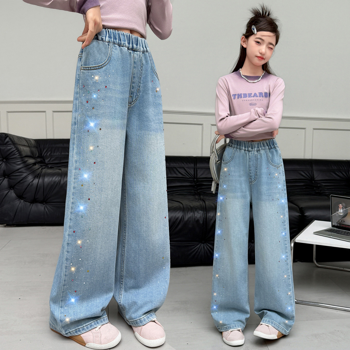 女童春装烫钻牛仔裤2026新款中大童春秋款韩版直筒阔腿裤学生长裤