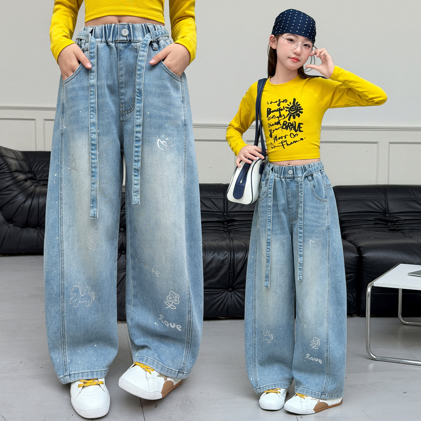 春装女童牛仔阔腿裤春秋新款中大童宽松弯刀裤洋气初中生百搭裤子