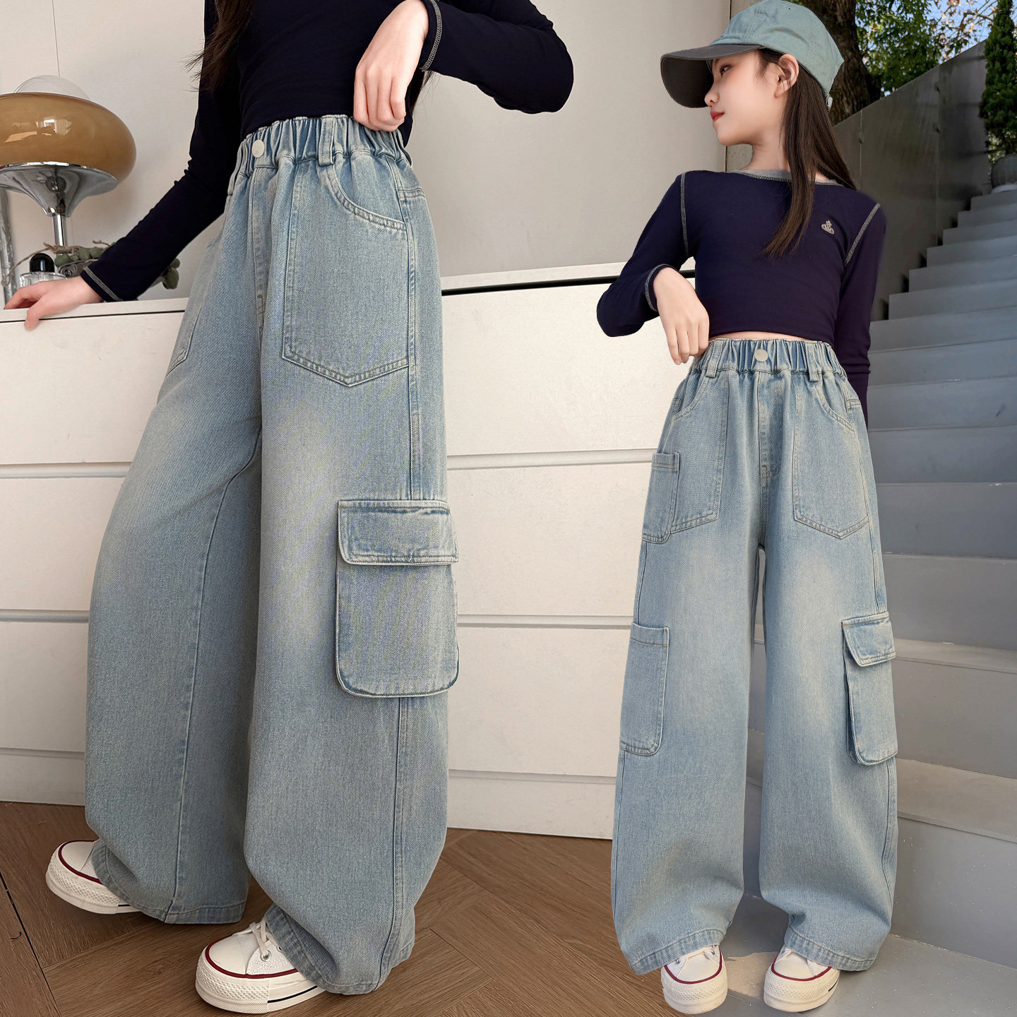 女童春装工装风牛仔阔腿裤2026新款中大童百搭休闲长裤洋气初中生