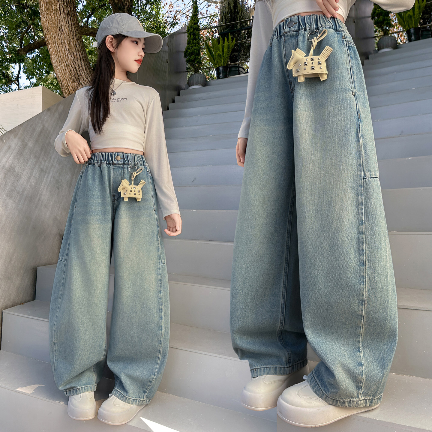 女童春装弯刀牛仔裤2026新款中大童洋气宽松阔腿裤初中生运动裤子