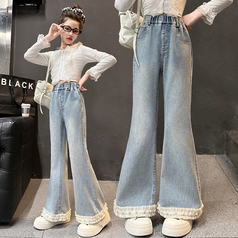 弹力女童喇叭牛仔裤春装2026新款洋气中大童蕾丝花边微喇长裤学生,童装/婴儿装/亲子装,儿童牛仔裤,淘宝优惠券,粉丝福利购,淘宝优惠卷