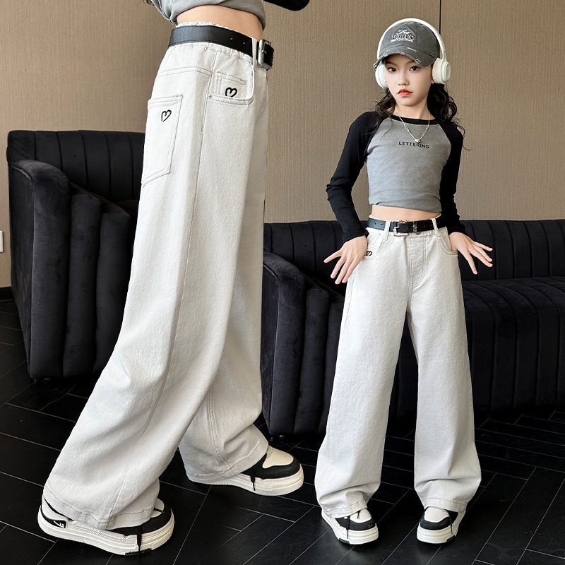 女童白色牛仔裤春秋季装2026新款初中生中大童直筒阔腿裤长裤子潮