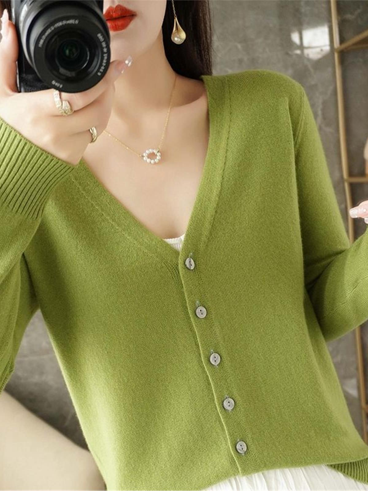 Knitted sweater women's autumn winter line jacket outerwear knit sweater green black thin cardigan green outer